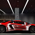 Modern Parking Garage Featuring Red Sports Car White Luxury Car And Marble Pillar
