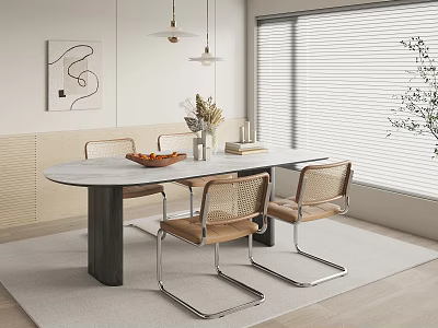 Modern Oval Dining Table Set With Marble Top Black Legs And Woven Back Chairs 3d model