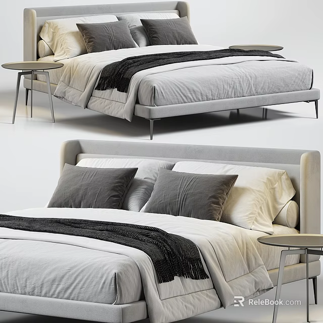 Modern Double Bed With Gray White Bedding Black Throw Blanket Sleek Headboard And Side Table 3d model 