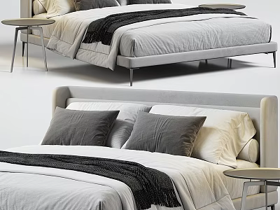 Modern Double Bed With Gray White Bedding Black Throw Blanket Sleek Headboard And Side Table 3d model