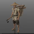 Man In Traditional Clothing Wearing Conical Hat Carrying Firewood And Holding Axe
