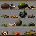 Fresh Assorted Fruits Display On Wooden Shelves With Coconut Papaya Lemon And Cantaloupe