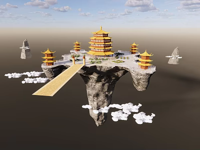 Floating Rocky Island Scenery With Golden Chinese Towers Clouds And Stone Bridge 3d model
