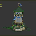 Traditional Multi Layered Tower Architecture With Blue Roof And Red Lantern Decorations