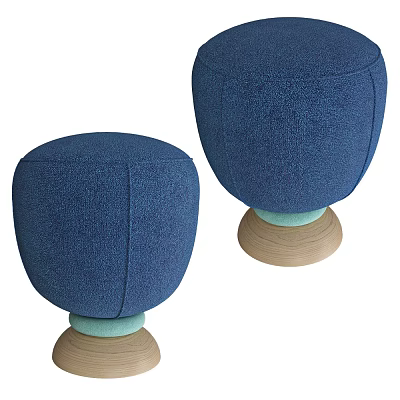 Blue Round Fabric Upholstered Stools With Modern Design And Wooden Base 3d model
