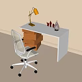 White Desk Setup with Yellow Desk Lamp Ergonomic Chair and Stacked Storage Boxes in Minimalist Room