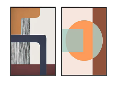 Modern Abstract Wall Art with Navy Blue Striped and Orange Circle Design Elements 3d model