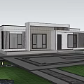 Modern Detached Villa Exterior With Large Windows Black Door Front Steps And Green Lawn