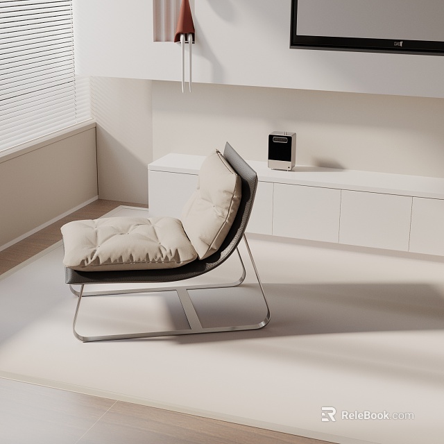 Modern Leisure Chair With Black Metal Frame And Beige Padded Cushion In Bright Interior 3d model 