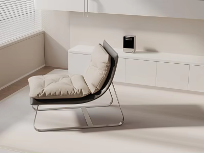 Modern Leisure Chair With Black Metal Frame And Beige Padded Cushion In Bright Interior 3d model