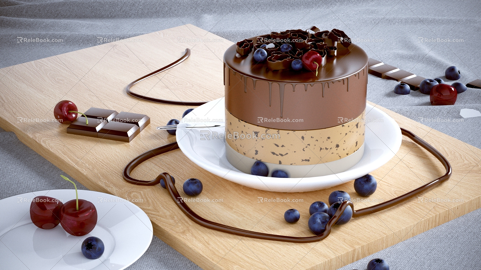 Modern Cake Dessert Blueberry Cherry Chocolate Chocolate Cake Chocolate Sauce Tablecloth 3d model