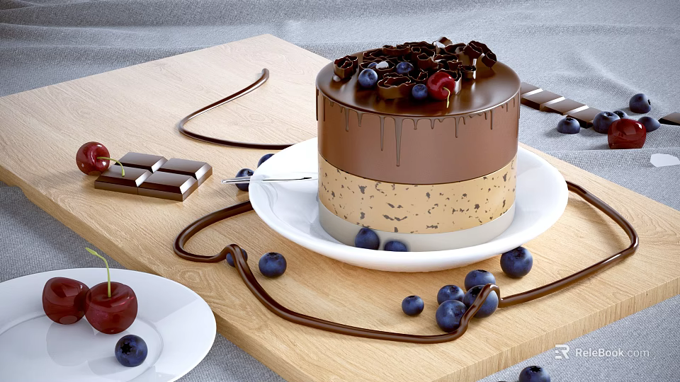 Dripping Layered Chocolate Cake with Chocolate Sauce Blueberries Cherries and Chocolate Pieces on Wooden Board 3d model 