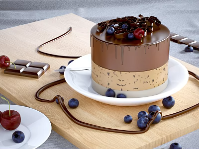 Dripping Layered Chocolate Cake with Chocolate Sauce Blueberries Cherries and Chocolate Pieces on Wooden Board 3d model