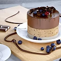 Dripping Layered Chocolate Cake with Chocolate Sauce Blueberries Cherries and Chocolate Pieces on Wooden Board