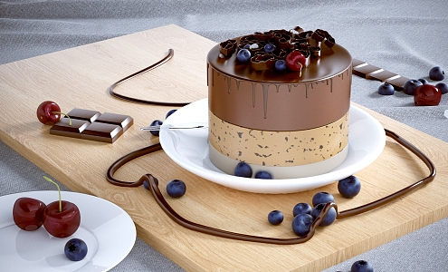 Modern Cake Dessert Blueberry Cherry Chocolate Cake Chocolate Sauce Tablecloth 3d model