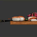Fresh Assorted Sushi Pieces on Wooden Tray with Black Chopsticks and Colorful Toppings