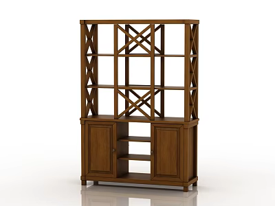 Wooden Etagere with Cross Pattern Bottom Cabinet Doors and Display Shelves 3d model