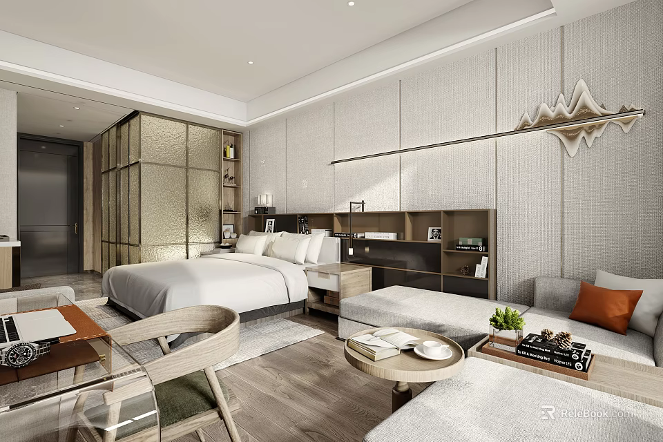 Modern Apartment Bedroom Interior With Comfortable Bed Sofa And Wall Decor 3d model 