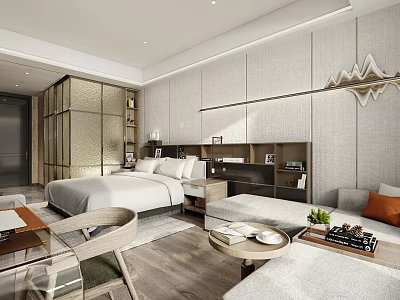Modern Apartment Bedroom Interior With Comfortable Bed Sofa And Wall Decor 3d model