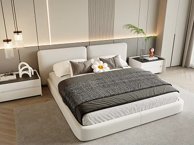 Modern Double Bed Interior with White Headboard Striped Duvet Pillows and Green Plant Side Tables 3d model