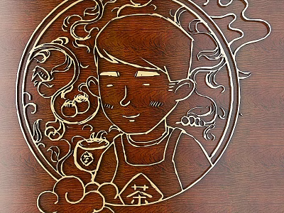Intricate Wooden Carving Depicting a Figure With Tea Cup and Cloud Motifs 3d model