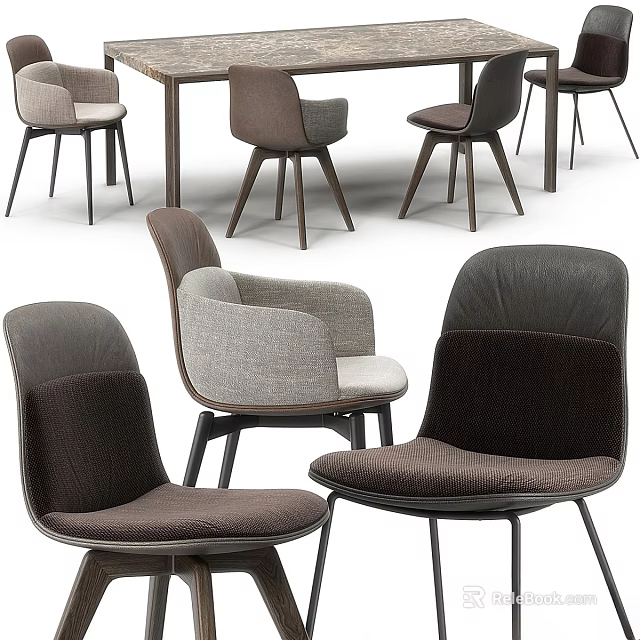 Modern Dining Table Set With Various Design Upholstered Chairs And Wooden Table 3d model 