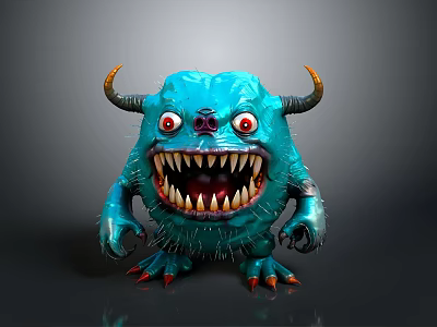 3D Furry Blue Monster Character With Horns Red Eyes Sharp Teeth Claws 3d model
