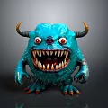 3D Furry Blue Monster Character With Horns Red Eyes Sharp Teeth Claws