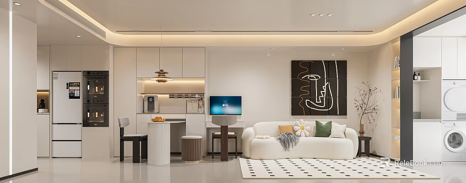 Modern Living Dining Room Interior With White Sofa Patterned Rug And Wall Artwork 3d model