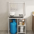 Wooden Kitchen Cabinets Featuring Metal Shelf Microwave Cooking Utensils And Storage Boxes