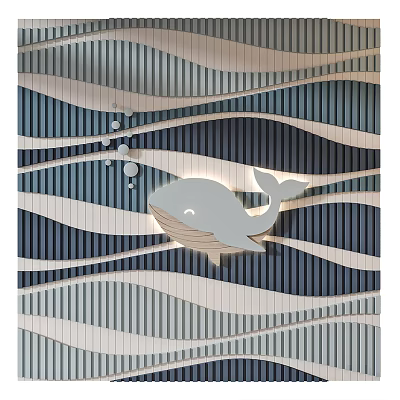 Bedroom Accent Wall With Wavy Striped Blue And White Design Featuring Whale Decoration And Bubbles 3d model