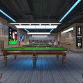 Modern Billiard Room Interior With Green Felt Table Blue Ceiling Lights Sofa and Bar Stools 3d model