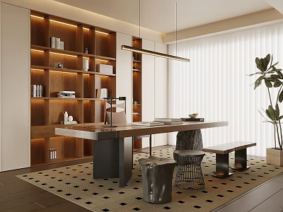 Modern Study Room Interior Design With Wooden Bookshelves Built-in Lighting Long Desk And Geometric Rug 3d model
