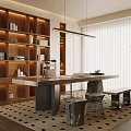 Modern Study Room Interior Design With Wooden Bookshelves Built-in Lighting Long Desk And Geometric Rug