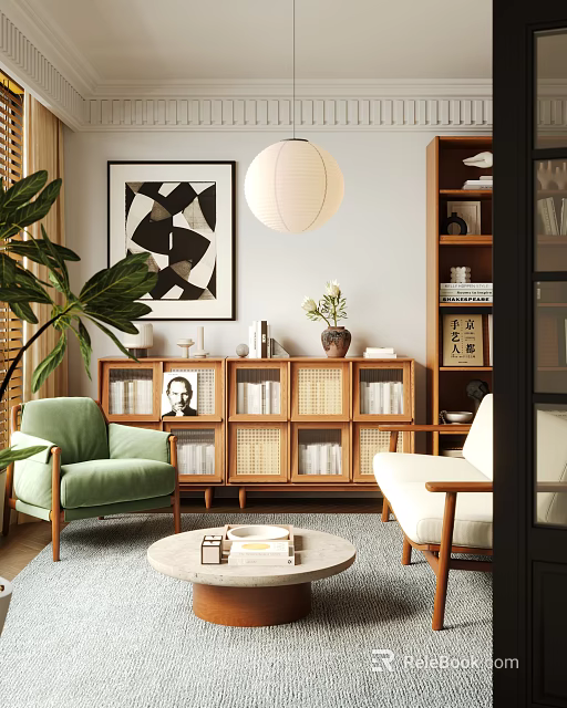 Cozy Entertainment Room Interior With Green White Armchairs Bookshelf Decorative Artwork And Potted Plant 3d model 