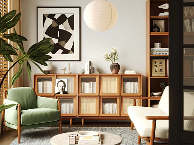 Cozy Entertainment Room Interior With Green White Armchairs Bookshelf Decorative Artwork And Potted Plant 3d model
