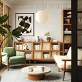 Cozy Entertainment Room Interior With Green White Armchairs Bookshelf Decorative Artwork And Potted Plant