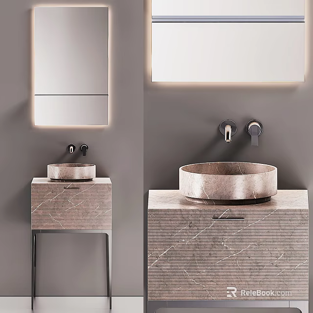 Modern Bathroom Sink With Marble Cabinet Round Basin And Wall Mounted Faucet Mirror Light Strip 3d model 