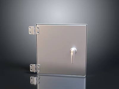 Silver Metal Door With Handle And Hinges On Gray Gradient Background With Reflection 3d model