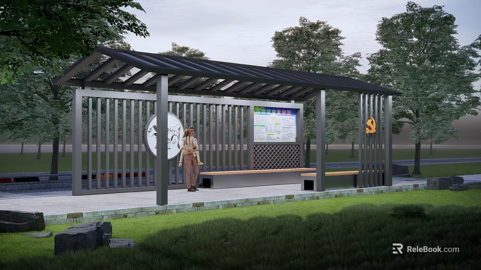 Modern Outdoor Pergola With Black Roof Metal Frame Bench And Information Display Board 3d model 