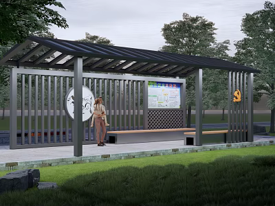 Modern Outdoor Pergola With Black Roof Metal Frame Bench And Information Display Board 3d model