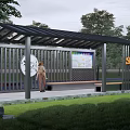 Modern Outdoor Pergola With Black Roof Metal Frame Bench And Information Display Board