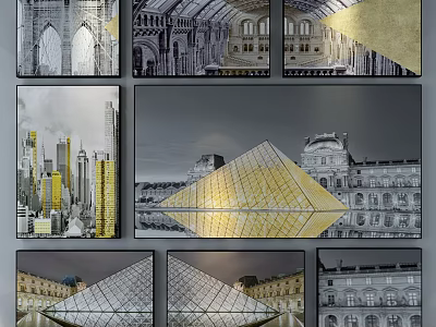 Scenic Architectural Landscape Paintings With Classical Buildings Modern Skyscrapers And Glass Pyramid Views 3d model