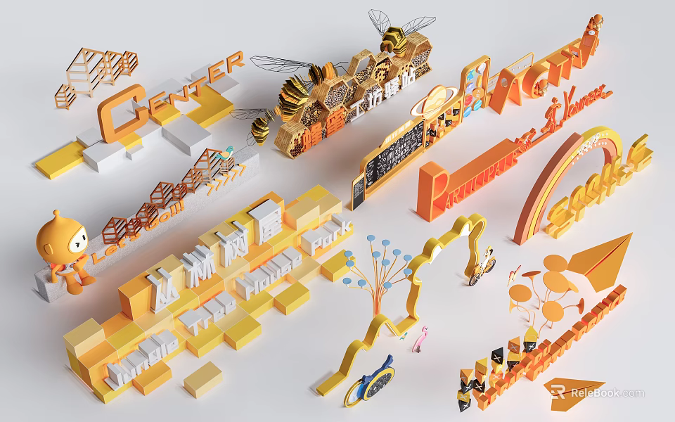 Yellow Orange 3D Decorations With Bees Letters Rainbow And Cartoon Elements 3d model