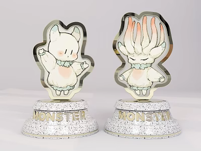 Two Different Monster Cartoon Figurines With Metallic Finish And MONSTER Bases 3d model