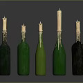 Five Green Wine Bottles And Glasses With Candles On Dark Reflective Background
