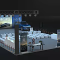 Modern Auto Show Booth Featuring Large Screen Display Cars Seats And Attendees