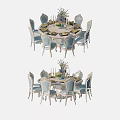 Elegant Round Dining Table Set With Light Blue Carved Chairs And Tableware Decoration 3d model