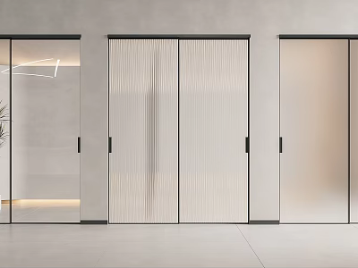 Modern Interior Sliding Doors With Black Metal Frames And Ribbed Frosted Glass 3d model