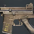 Tactical Military Rifle With Yellow Striped Barrel Magazine And Leather Strap Design